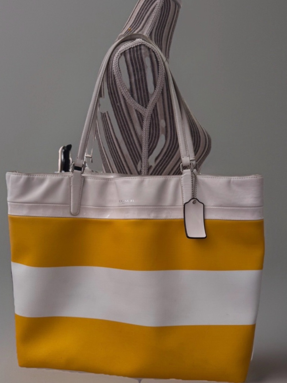 COACH 30511 Sunglow & White STRIPES PVC & Leather Tote Bag - Picture 3 of 11